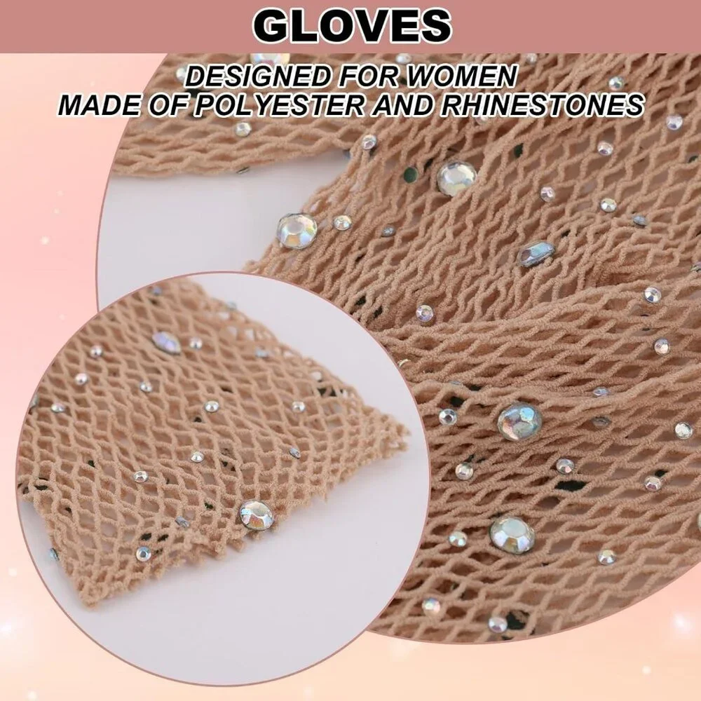 Women's Tan Evening Rhinestone Long Sleeves Arm Elbow Length Party Gloves
